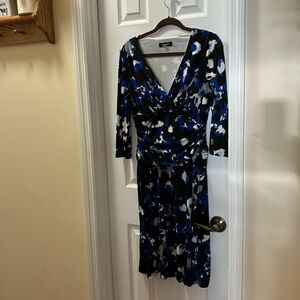 Nine west midi 3/4 sleeve black white blue dress sz 8